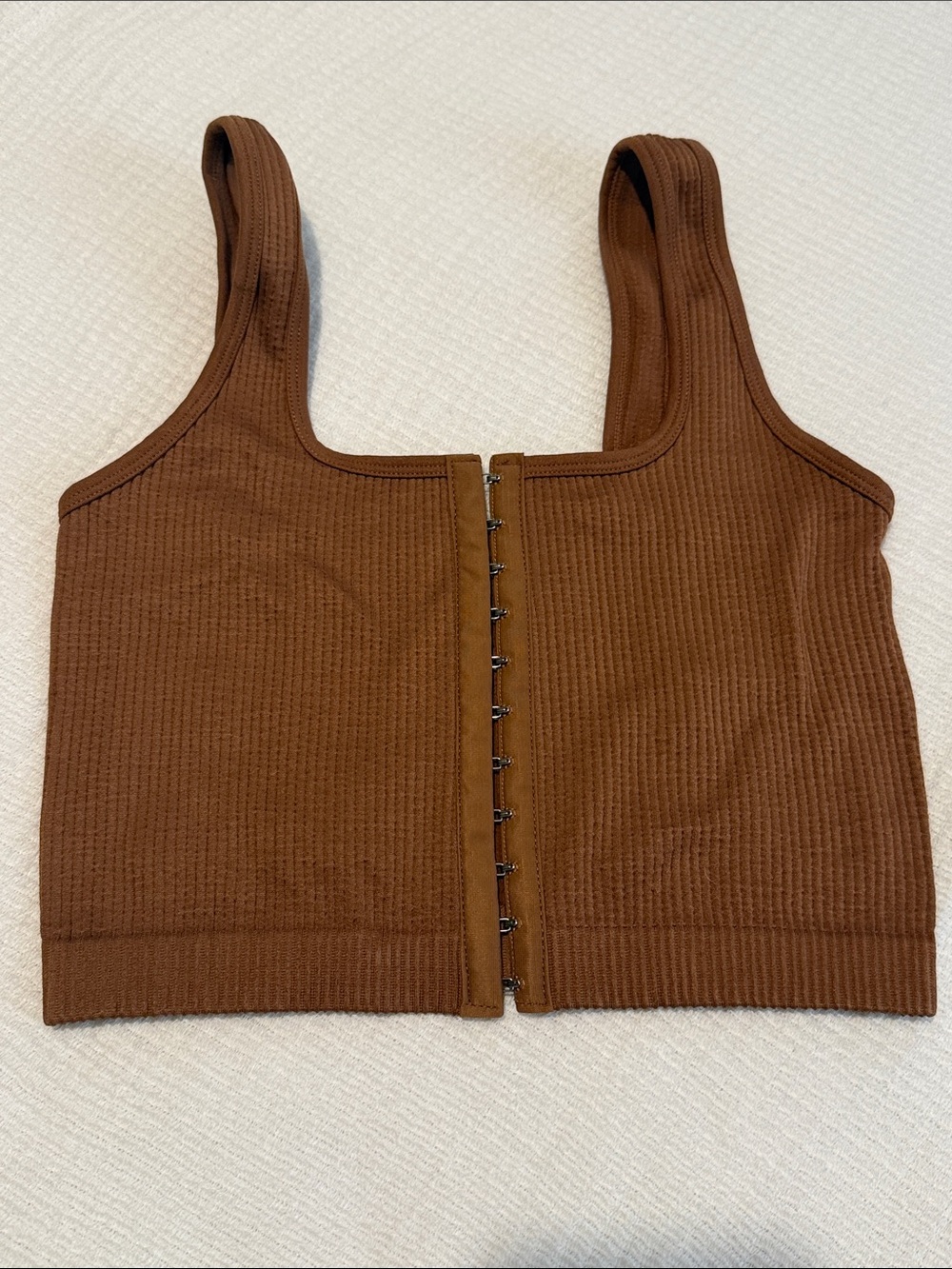 Brown Ribbed Hook-and-Eye Crop Tank Top/Bralette